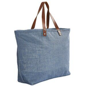 Natural Ballard Blue Jute Tote with Leather Handle NWT  15"H X 22 1/2"W X 6"D